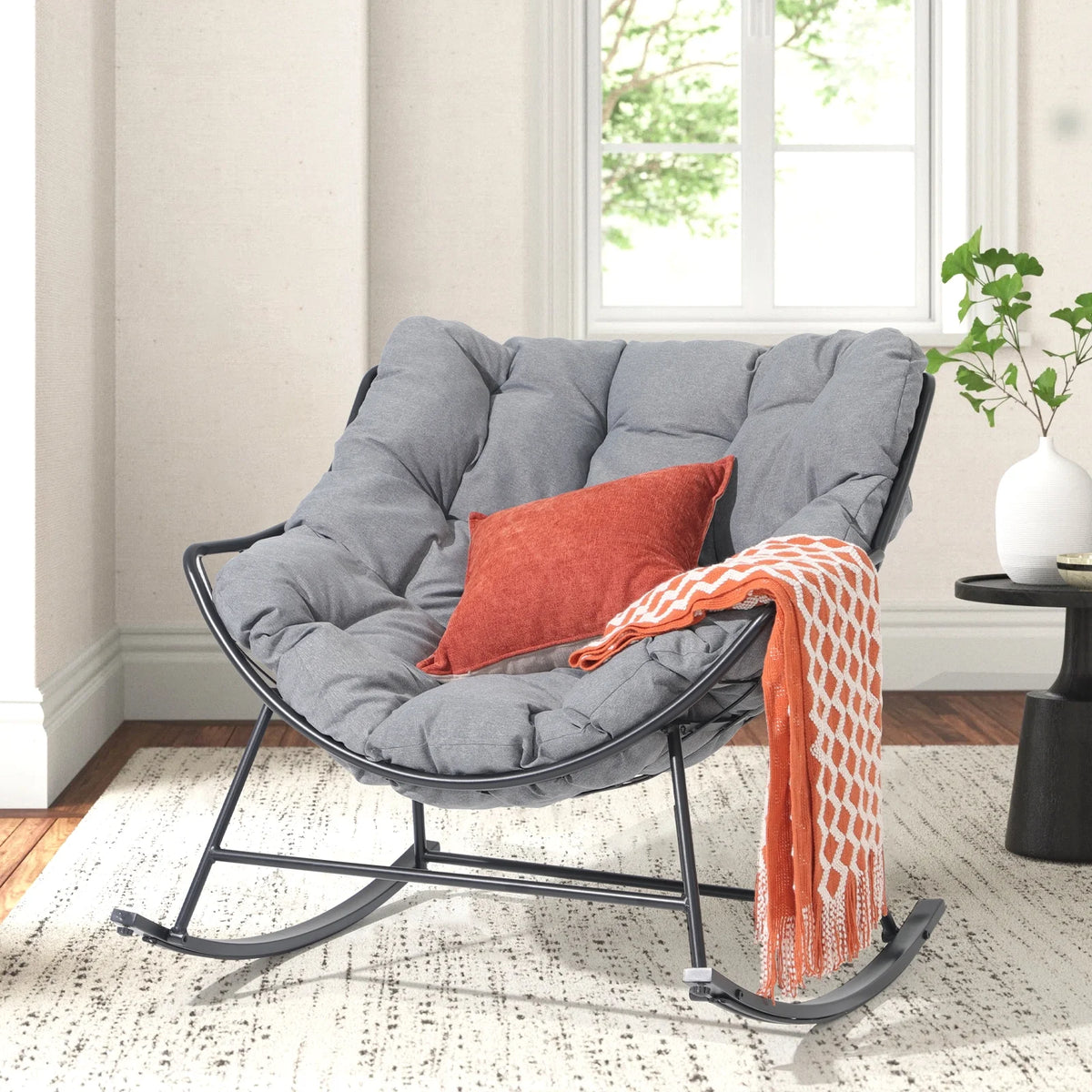 Grey Oversized Cushion Outdoor Rocking Chair U86541