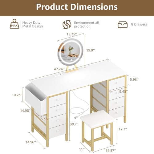 White Vanity Desk with Mirror and Light, Chair, Storage, 8 Fabric Drawers Q8271