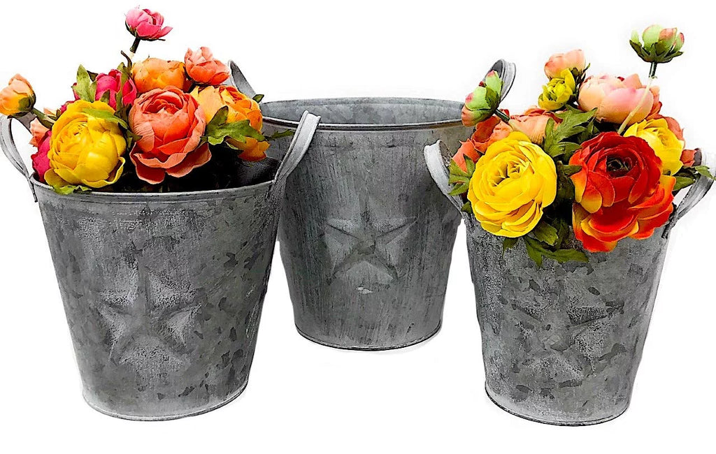 Metal Buckets Planters With Handles Tarnished Silver E35902