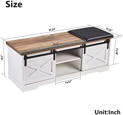 42” Rustic Solid Wood Shoe Bench with Linen Cushion R243736