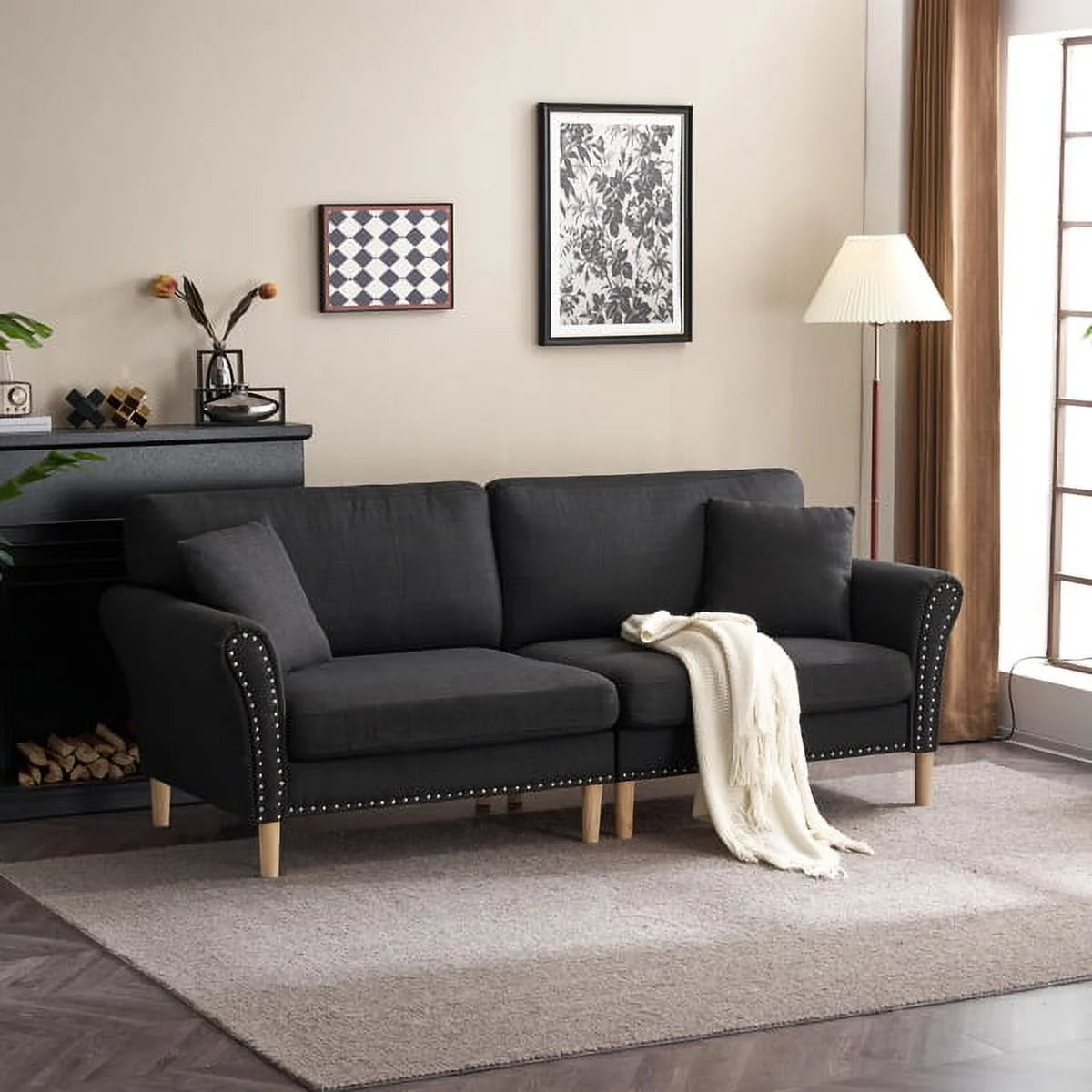 Black Upholstered 2-Seat Sofa with 2 Pillows N262