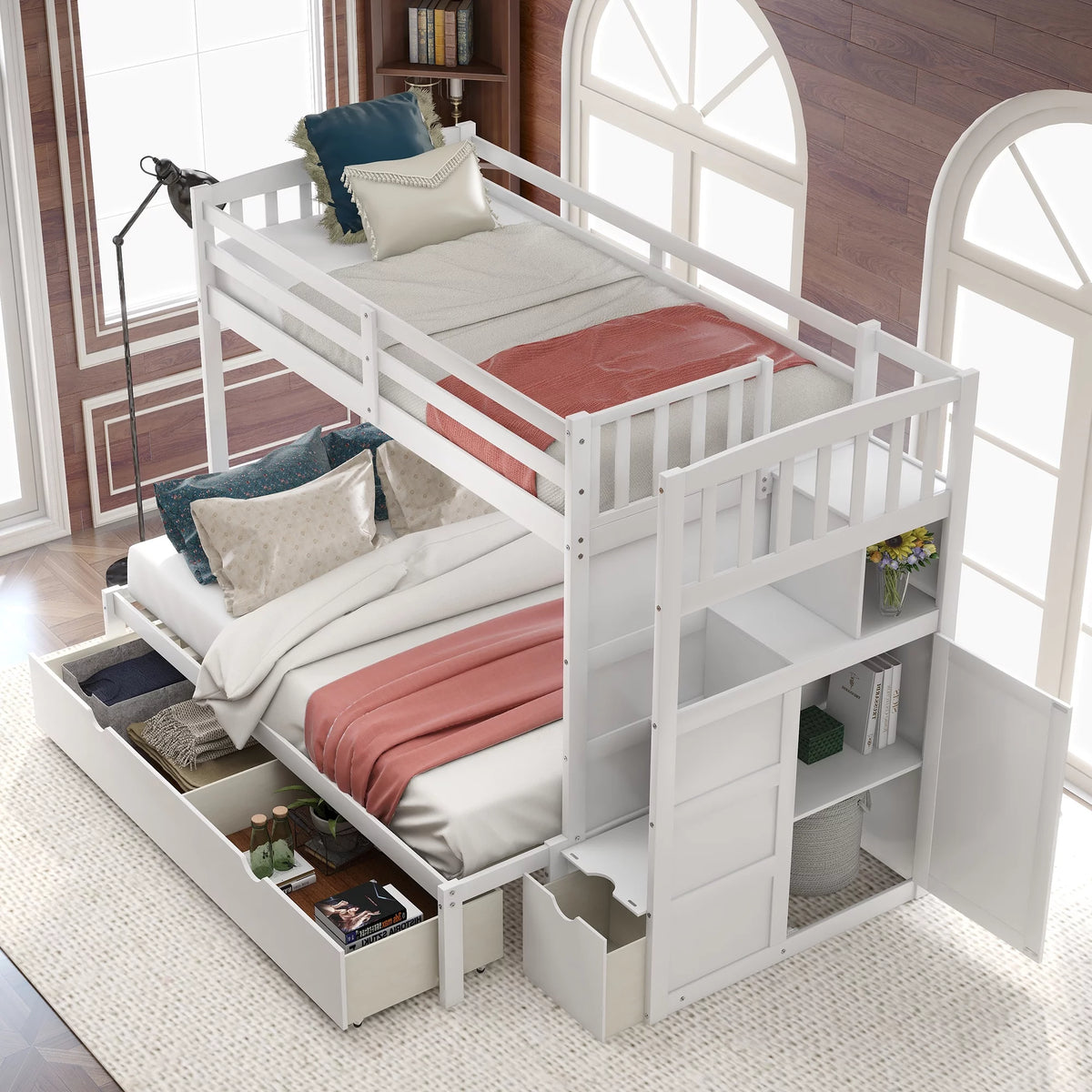 White Twin over Twin Bunk Bed with Drawer and Cabinet G7120