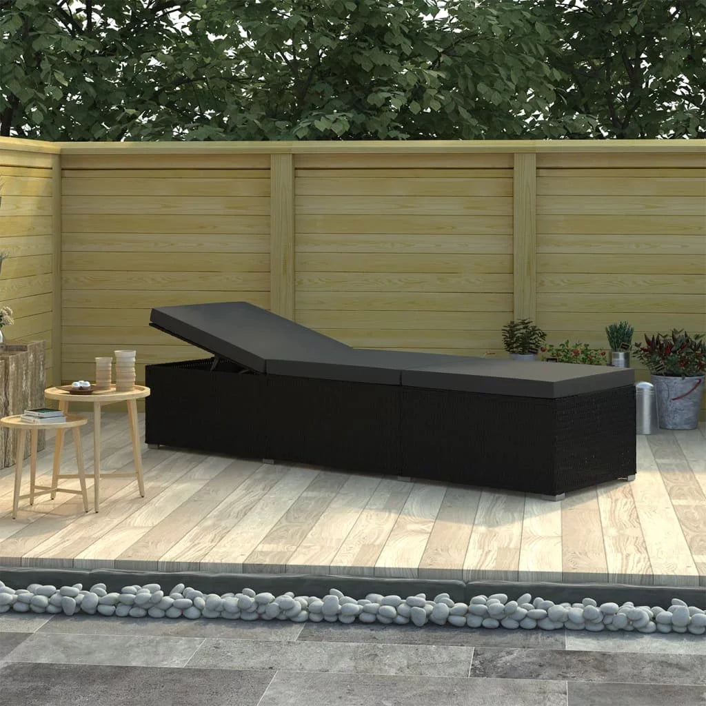 Black Poly Rattan Sun Lounger with Cushion V83577