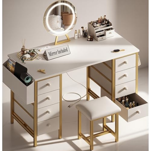 White Vanity Desk with Mirror and Light, Chair, Storage, 8 Fabric Drawers Q8271