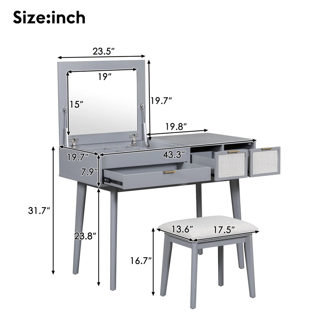 Gray Wood Vanity Table and Stool Set with 3 Drawer M72735