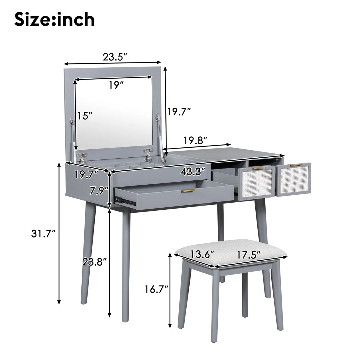 Gray Wood Vanity Table and Stool Set with 3 Drawer M72735