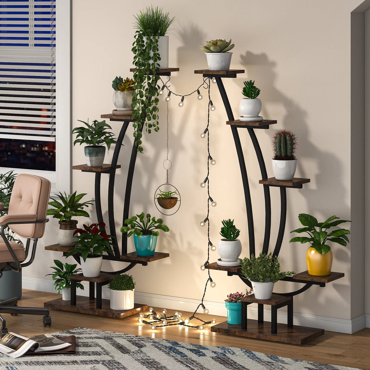 Brown Wood 6-Tier Plant Stand with Hooks J4404