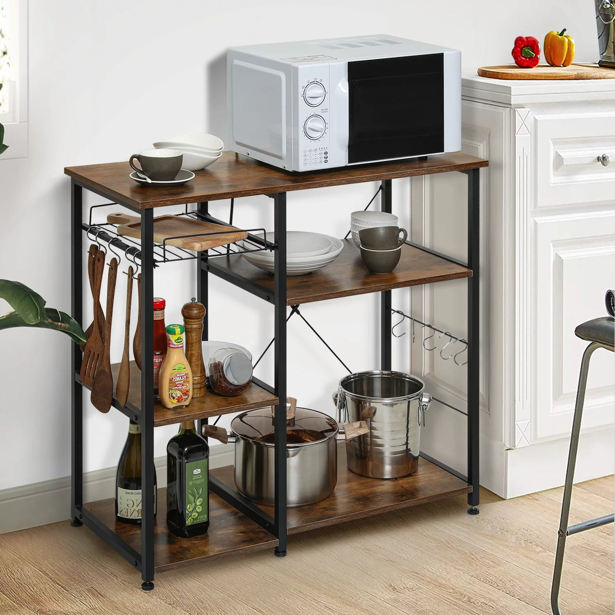 Steel 5 Shelves Kitchen Bakers Rack with Hooks M139469