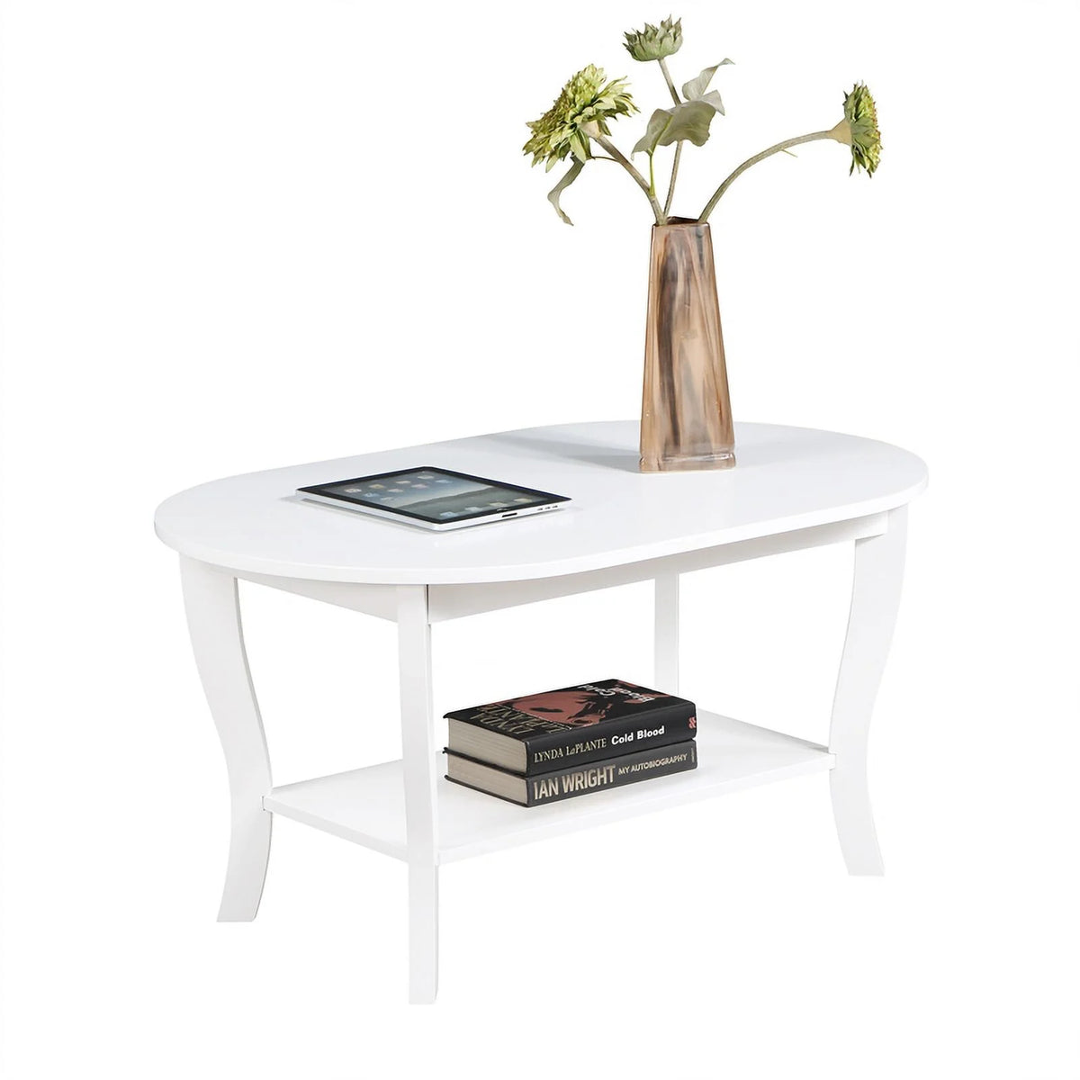 Oval Coffee Table with Shelf White Wood Finish X897
