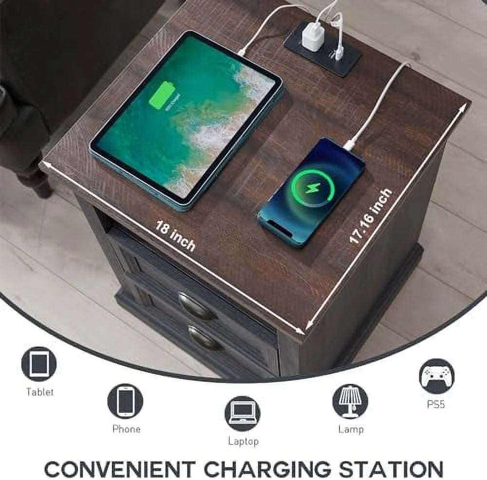 Dark Grey 2 Drawer Wood Nightstand with Charging Station F3279