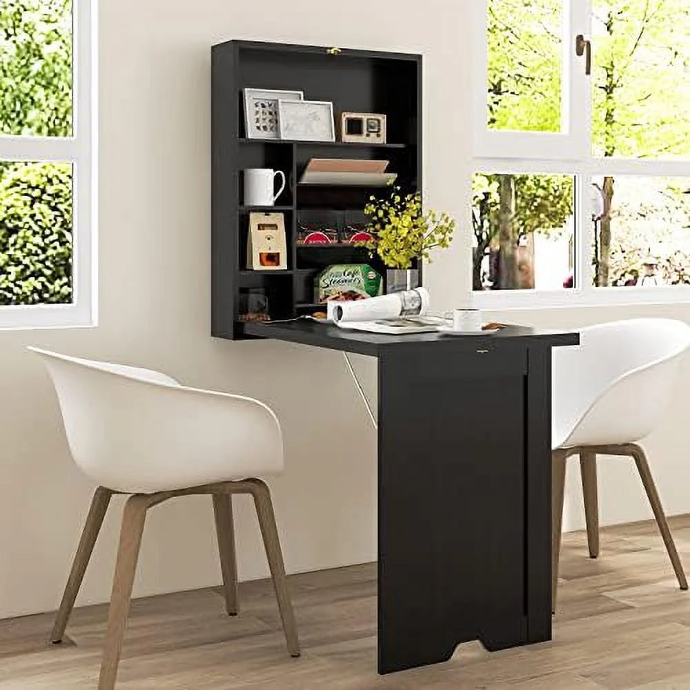 Wall Mounted Foldable Wood Desk with Bookshelf Cabinet Q75291