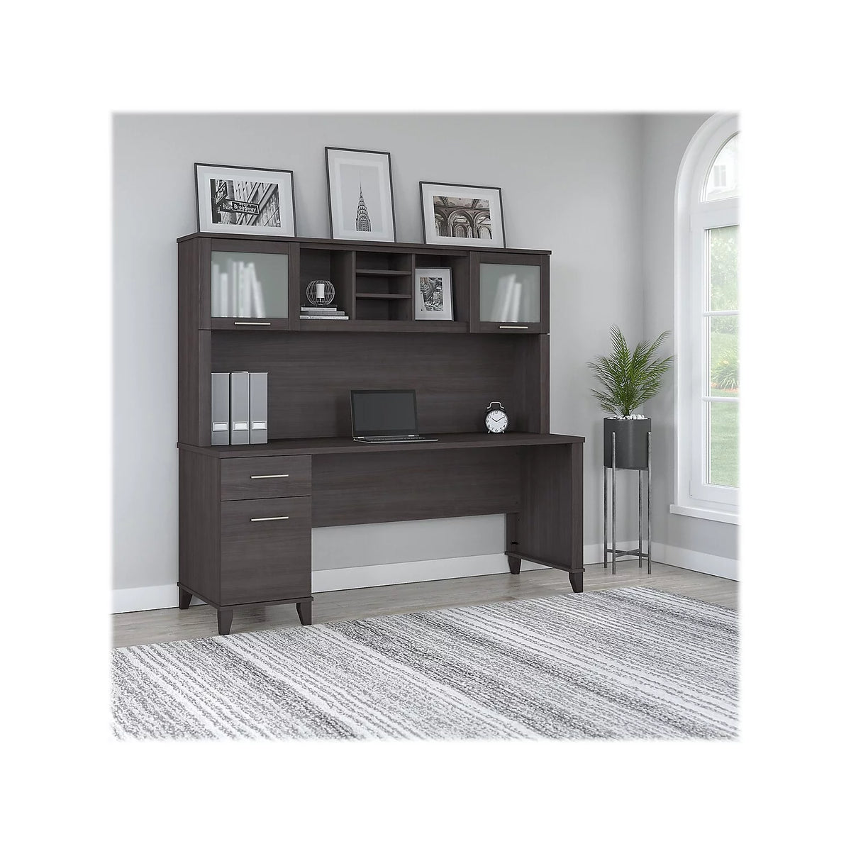 72W Office Desk with Drawers and Hutch in Storm Gray G90821