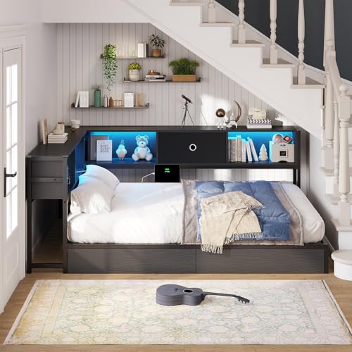 Black & Gray Twin Size Corner Bed Frame with Storage U4405