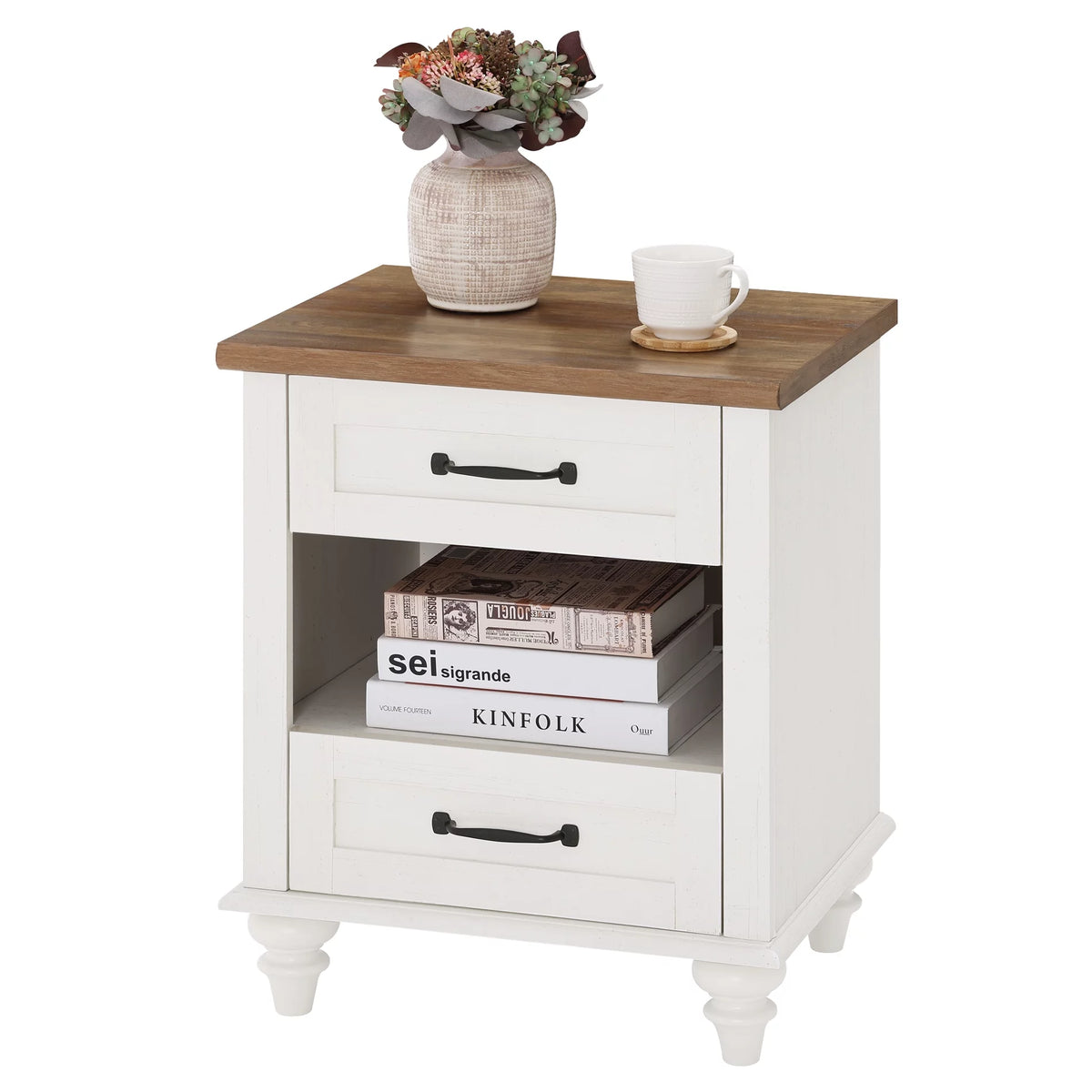 White and Oak 2 Drawer Nightstand with Charging Station W24626