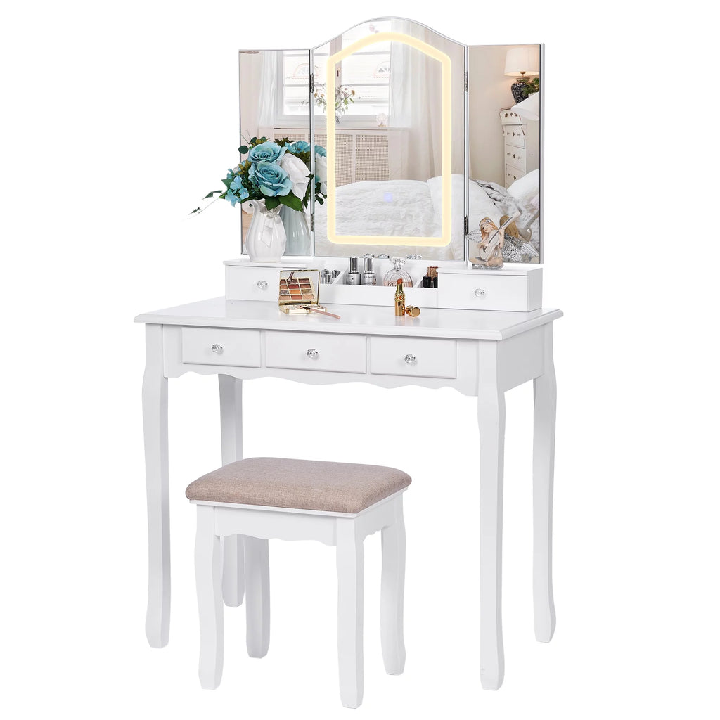 White Vanity Set with Mirror Stool and Drawers R5930
