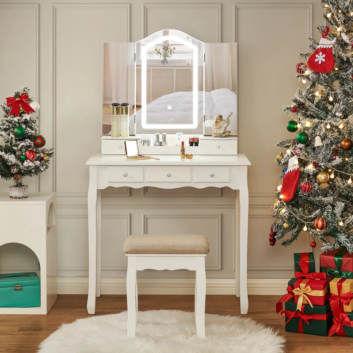 White Vanity Set with Mirror Stool and Drawers R5930