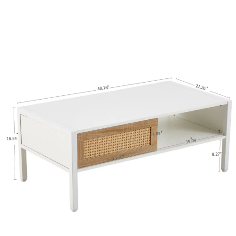 40.16" White Rattan Coffee Table with Storage J77938