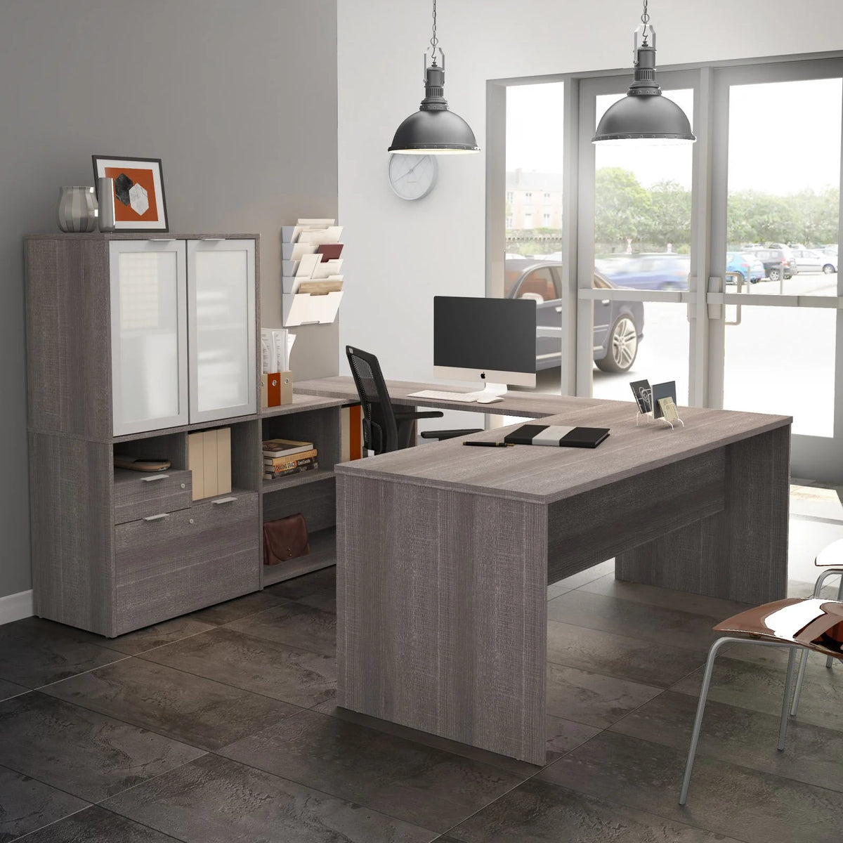 U Shape Computer Desk with Hutch X240
