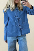 Solid With Bow Turndown Collar Outerwear S34766