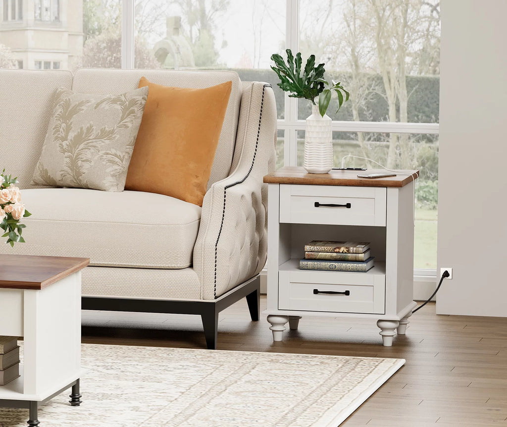 White and Oak 2 Drawer Nightstand with Charging Station W24626