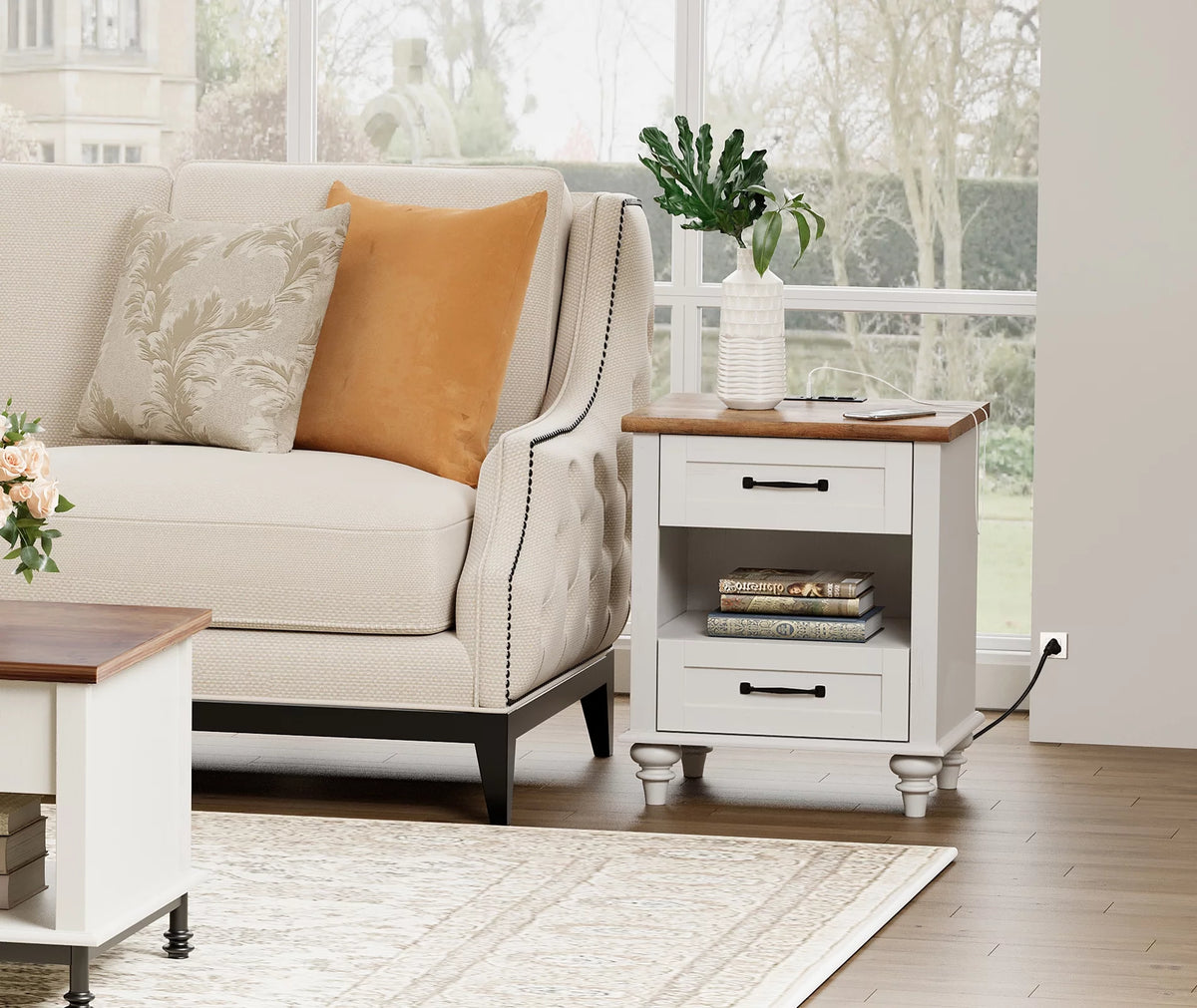 White and Oak 2 Drawer Nightstand with Charging Station W24626