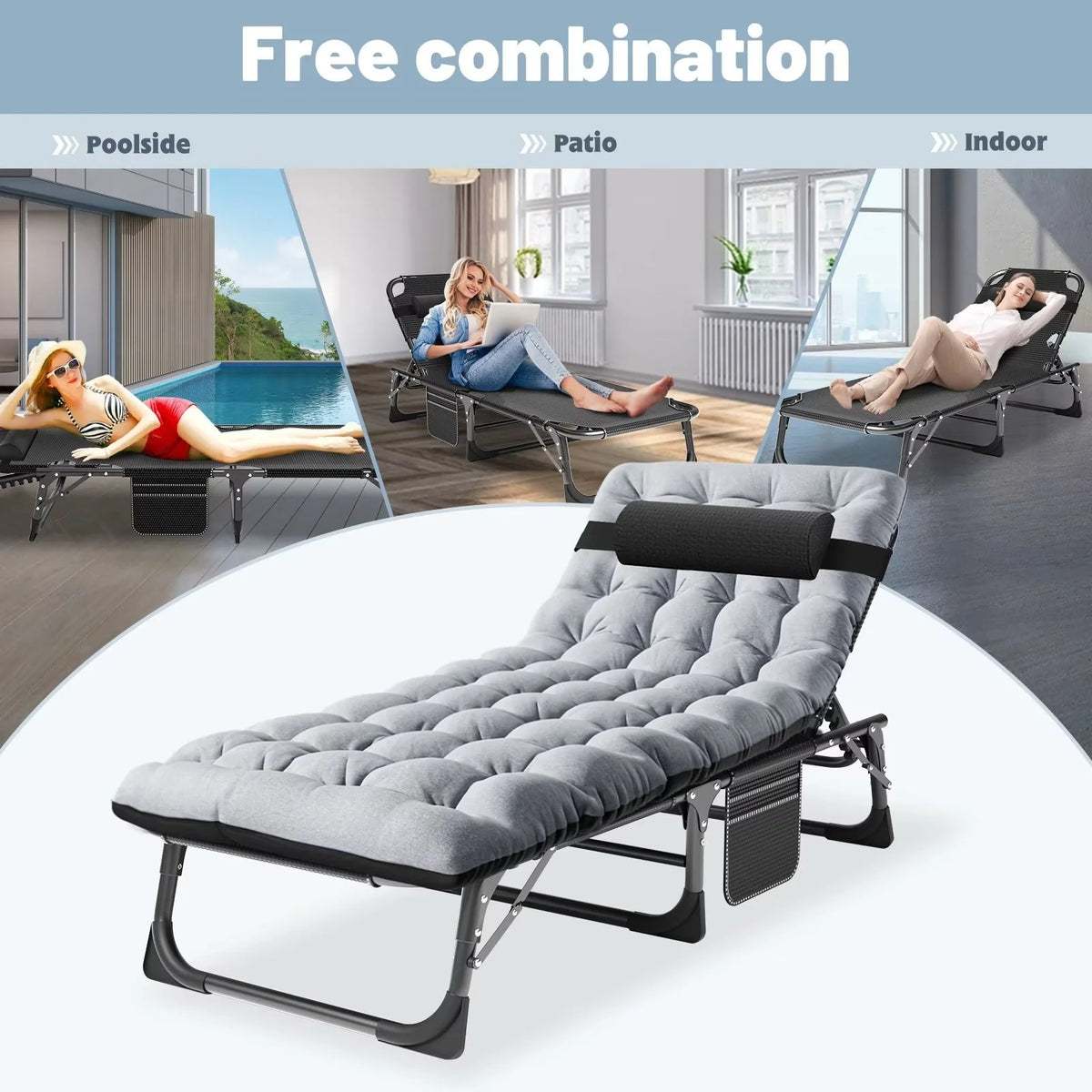 Portable Folding Lounge Chair Adjustable 4-Position with Pillow D739