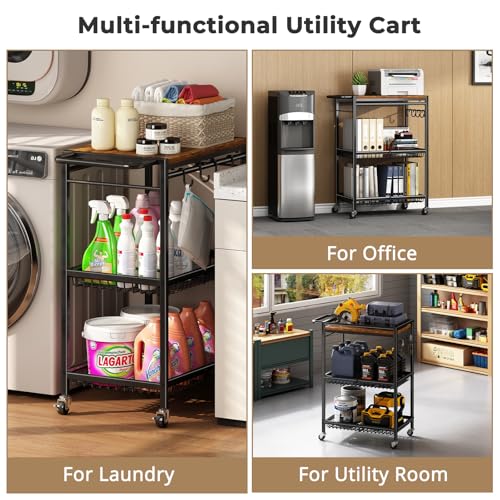 Microwave Kitchen Cart with Push Handle, 3 Tire Rolling Cart with 210Lbs Capacity, Vintage Kitchen Storage Cart with 2 Lockable Wheels E42424