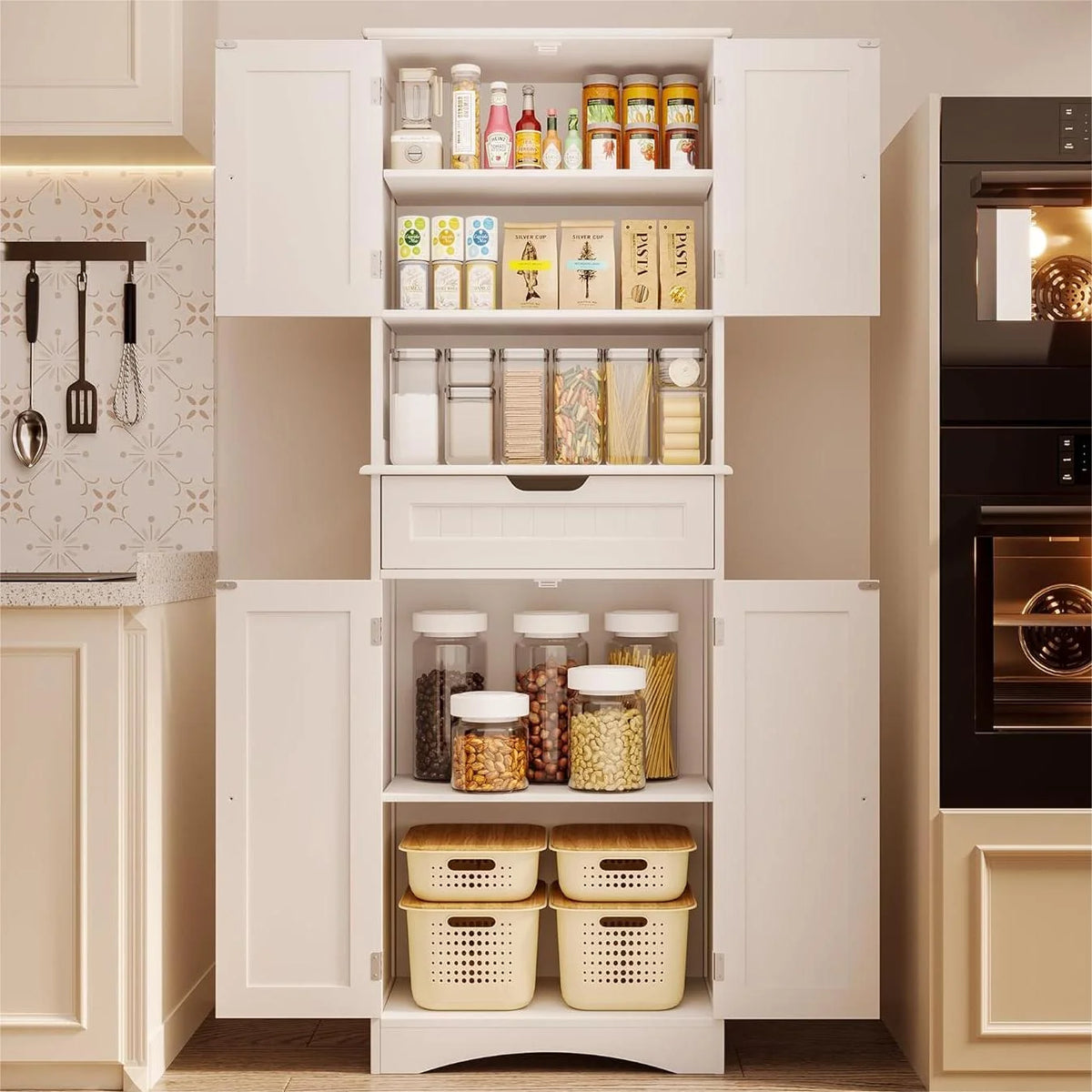 White Kitchen Pantry Storage Cabinet W75688