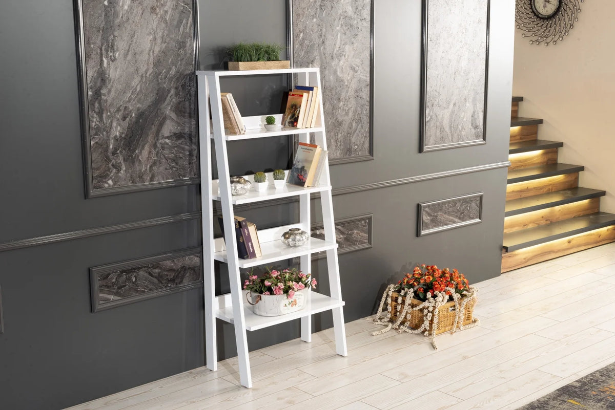 White 5 Tier Wood Ladder Bookshelf Y140