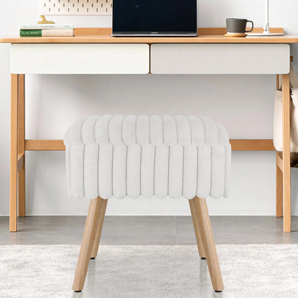 White Storage Ottoman Footstool with 4 Wood Legs X557226