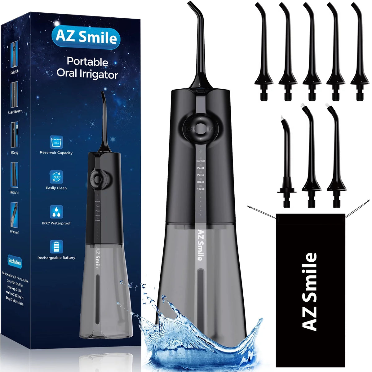 Cordless Water Flosser 5 Modes 8 Tips 300 ML Black Y5971