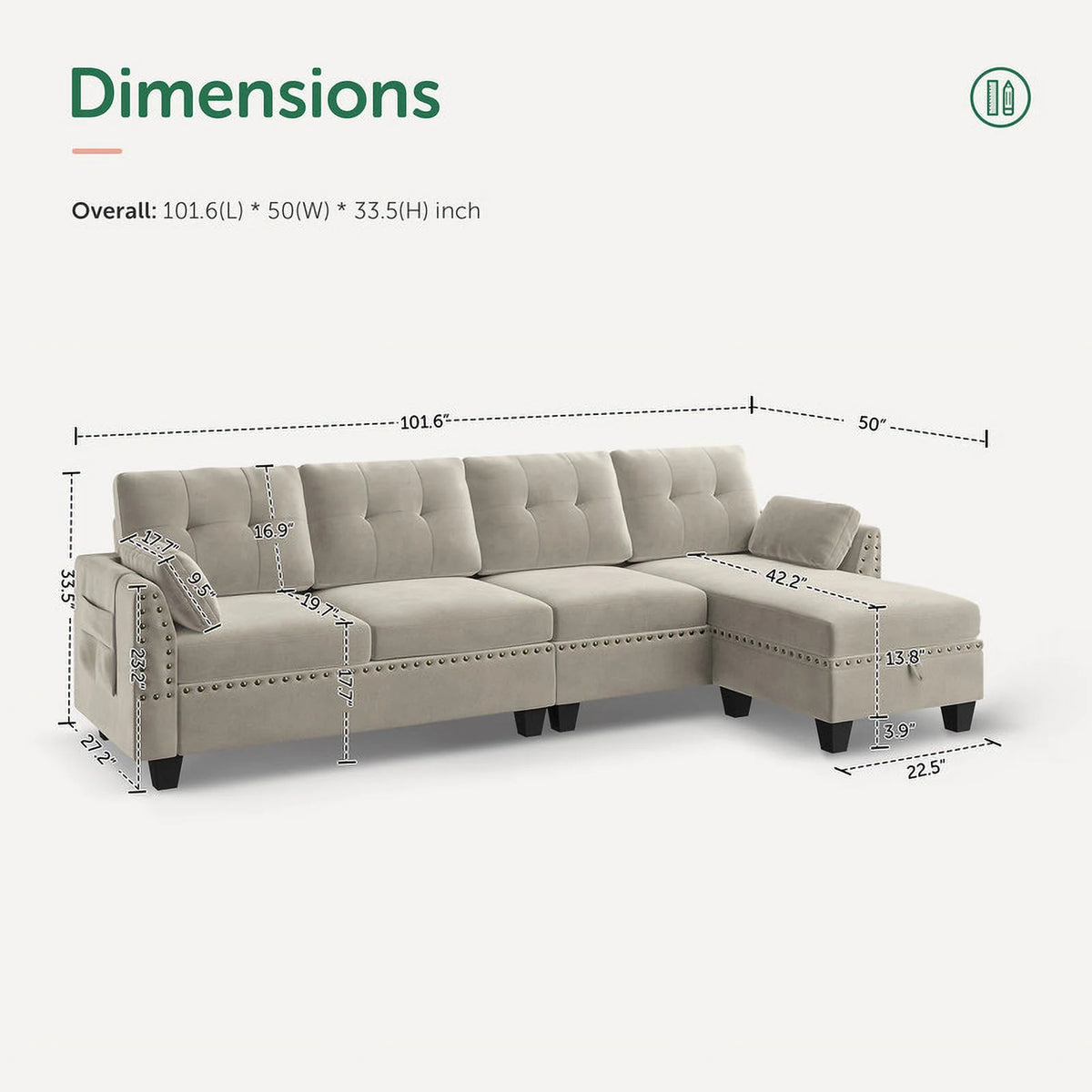 Reversible L-Shaped Sectional Sofa Couch U334