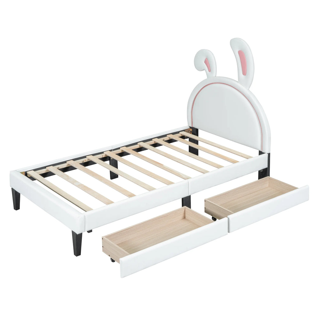 White Twin Size Upholstered Leather Platform Bed with 2 Drawers L15632