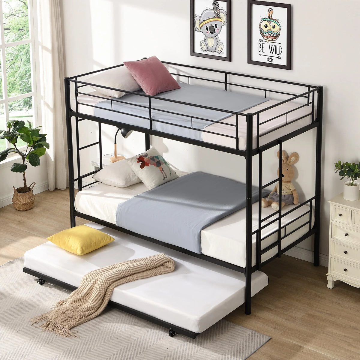 Black Twin Over Twin Metal Bunk Bed with Trundle and Safety Rails V8937