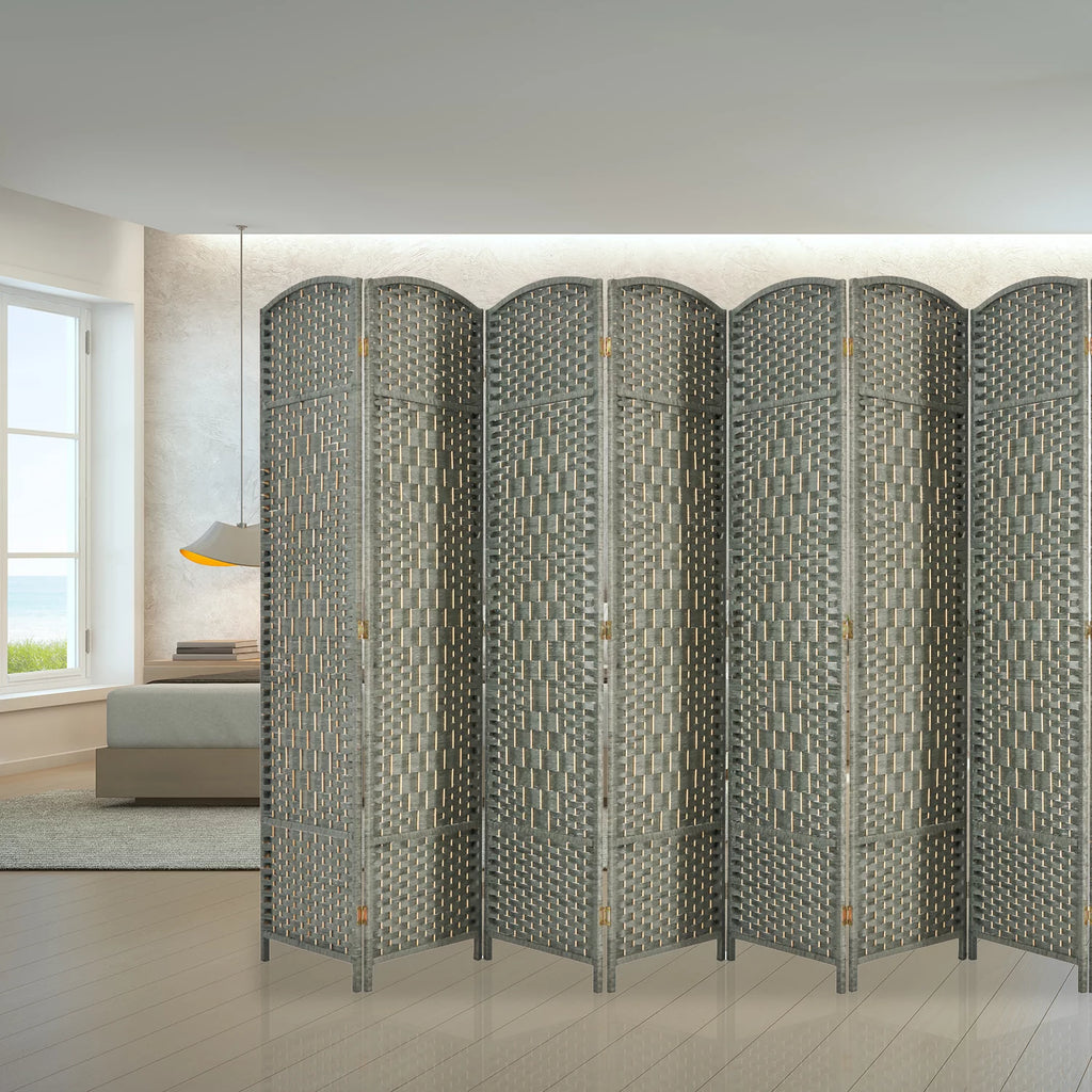 5.7ft Wood Fiber Woven 8 Panels Grey Wood Room Divider O385261