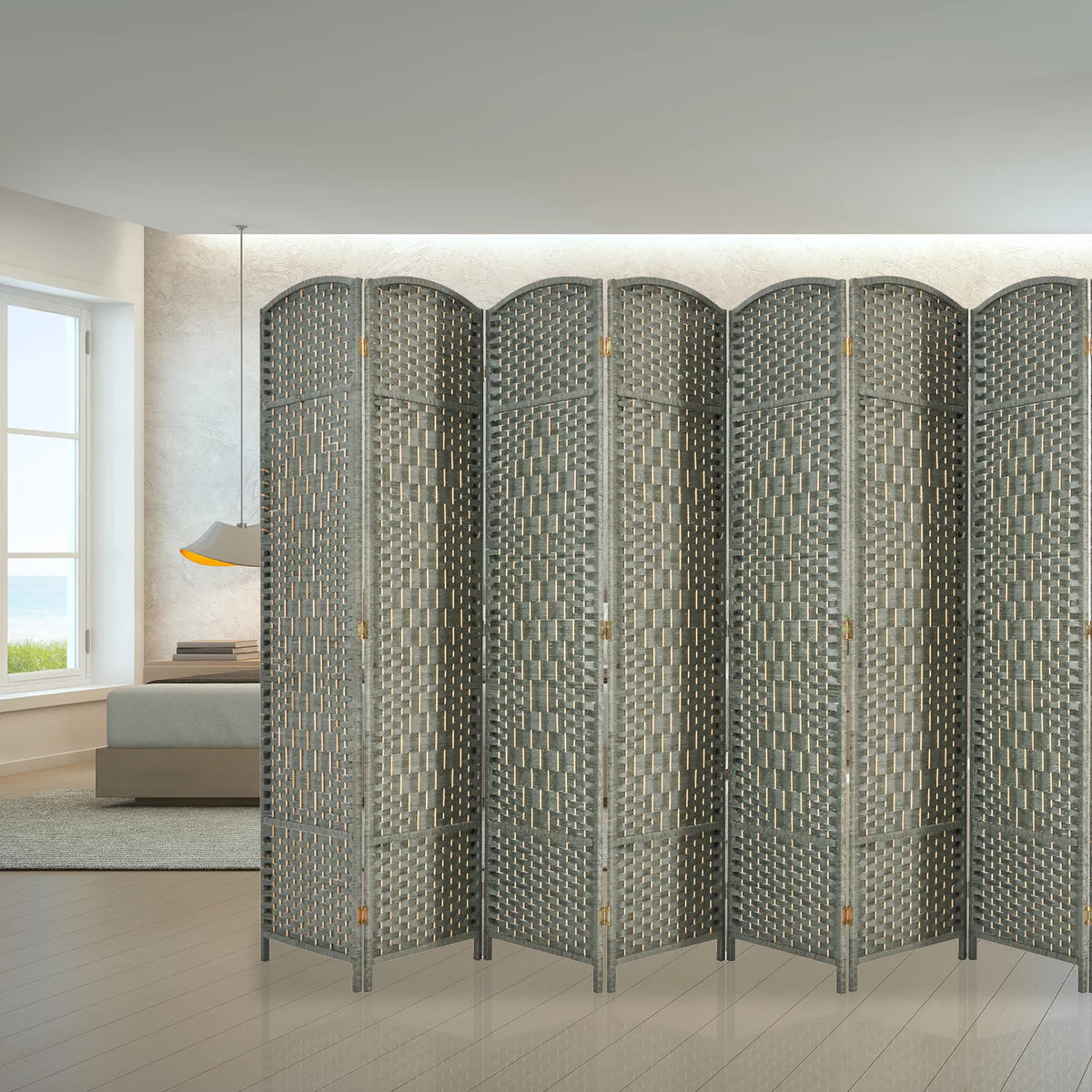 5.7ft Wood Fiber Woven 8 Panels Grey Wood Room Divider O385261