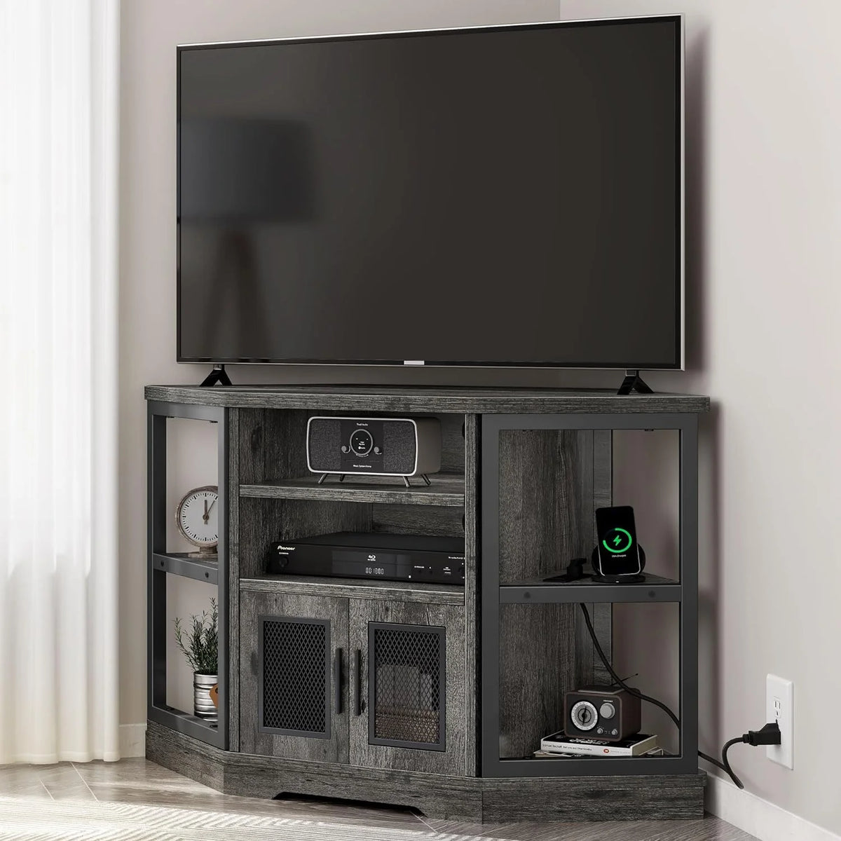 Corner TV Stand up to 55 Inch with Power Outlet, Gray Oak Z283838