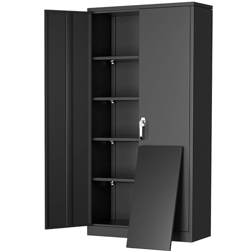 72" Black Locking Metal Storage Cabinet with 4 Adjustable Shelves T937296