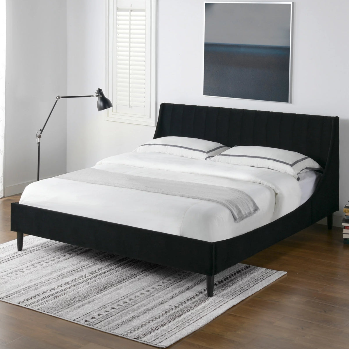 King Anthracite Black Velvet Platform Bed Set I263
