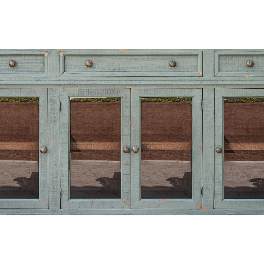 70 in. 4 Glass Doors Teal Blue Pine Wood Console Sideboard Cabinet Z47801