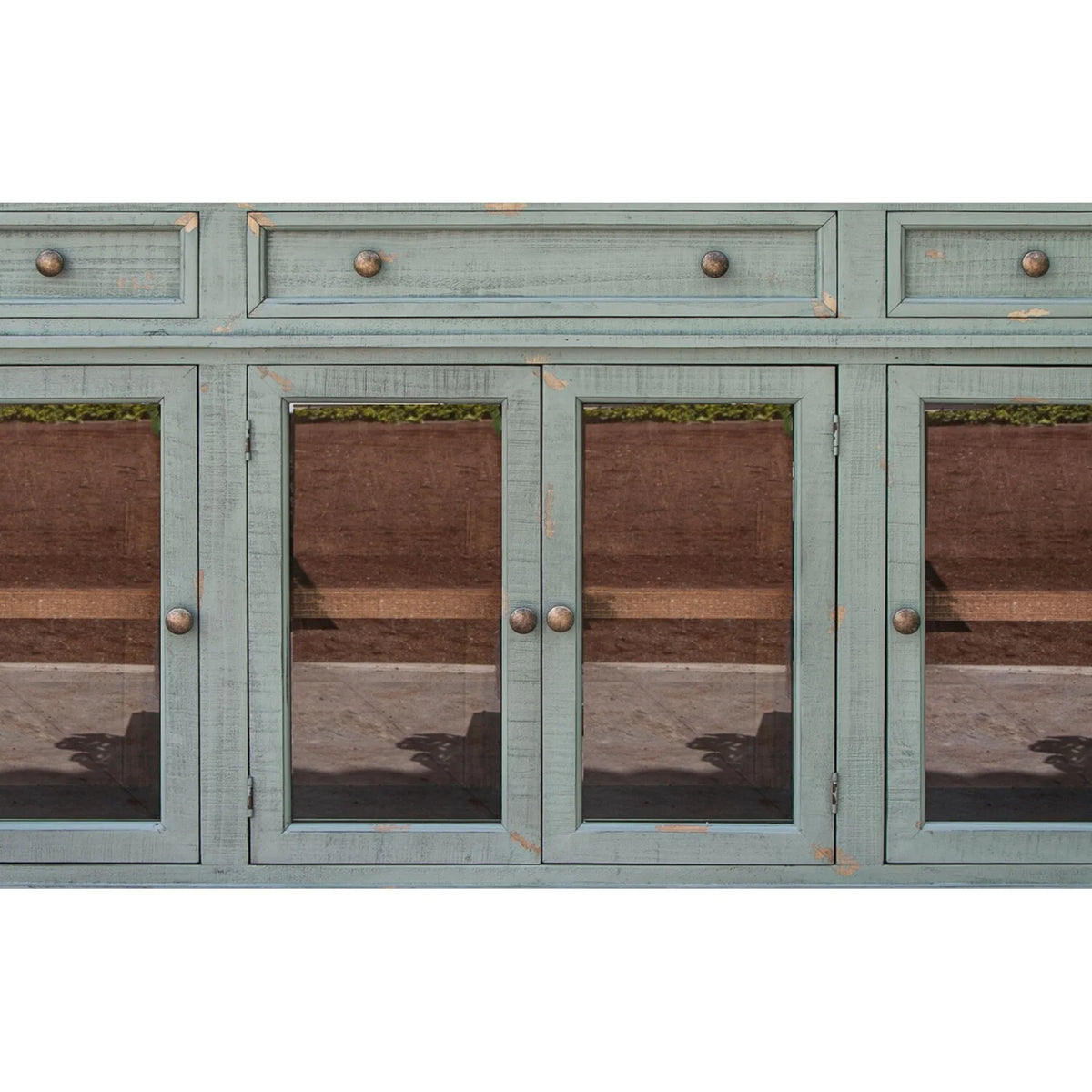 70 in. 4 Glass Doors Teal Blue Pine Wood Console Sideboard Cabinet Z47801