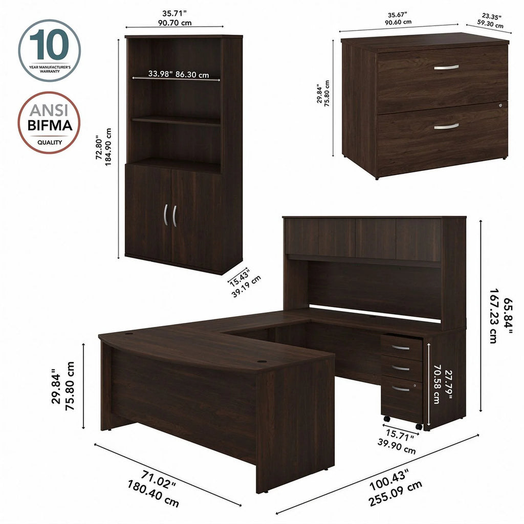 72W Black Walnut Engineered Wood Desk with Hutch and Storage J223