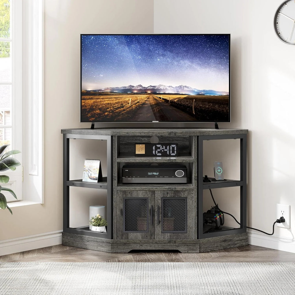 Corner TV Stand up to 55 Inch with Power Outlet, Gray Oak Z283838