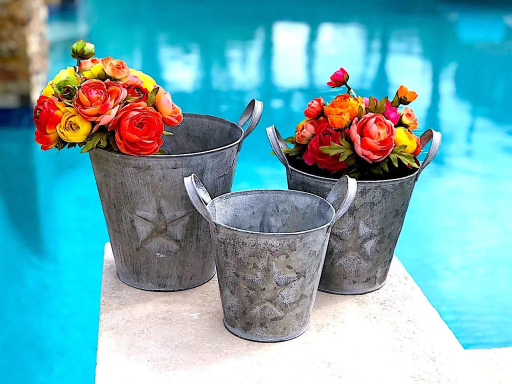 Metal Buckets Planters With Handles Tarnished Silver E35902