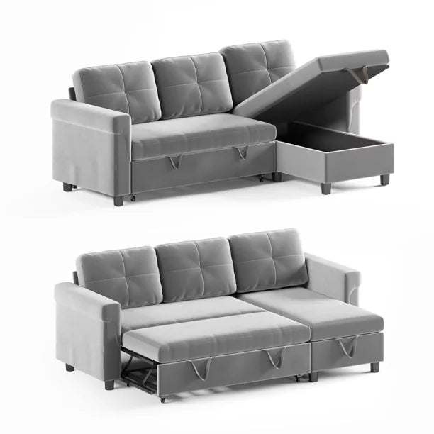 Light Gray Velvet Reversible Sectional Sofa with Storage Chaise P30813