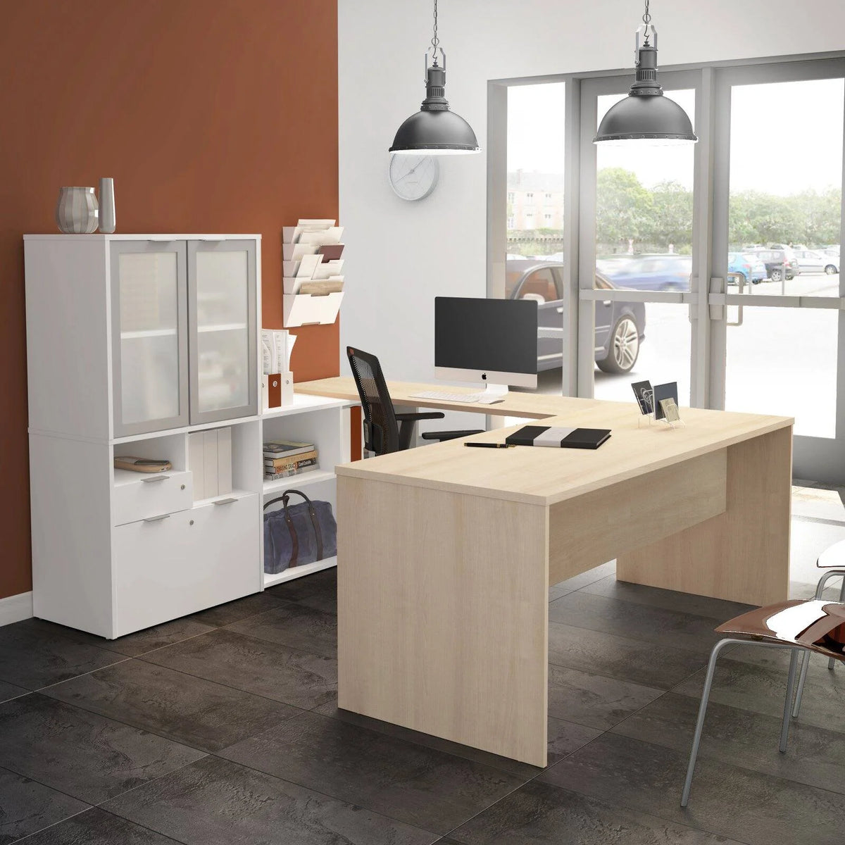 U Shape Computer Desk with Hutch X240