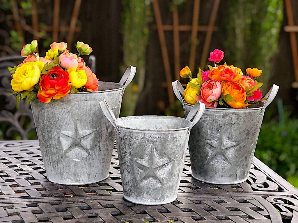 Metal Buckets Planters With Handles Tarnished Silver E35902