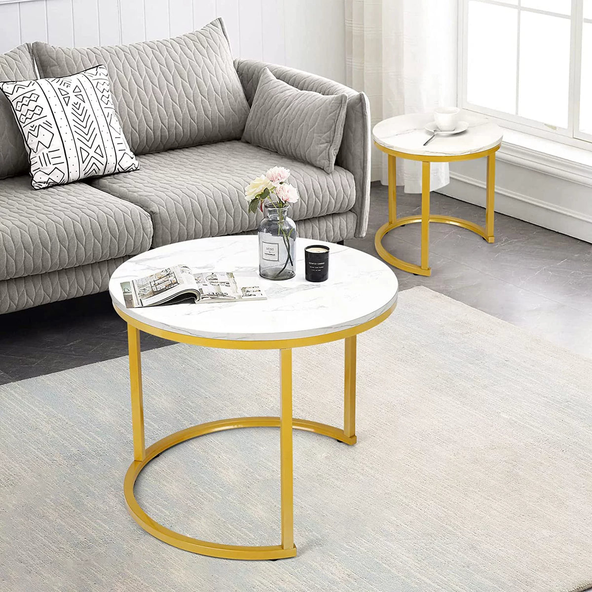 Small Round Coffee Table Set of 2 White Marble T7749