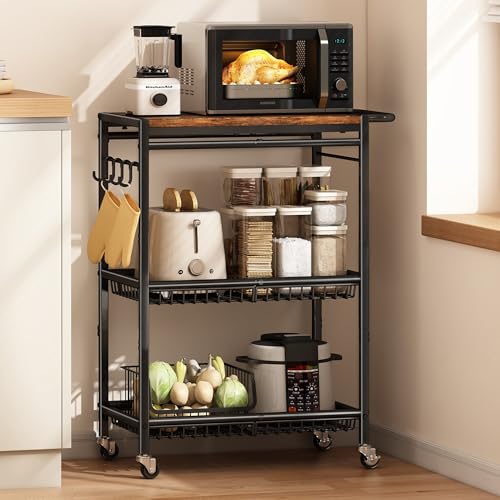 Microwave Kitchen Cart with Push Handle, 3 Tire Rolling Cart with 210Lbs Capacity, Vintage Kitchen Storage Cart with 2 Lockable Wheels E42424