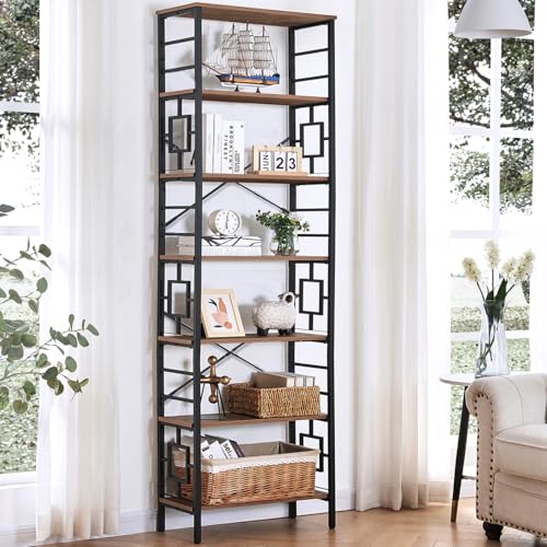 84 Inch 7 Tier Brown Bookshelf with Metal Frame and Open Shelves D55805